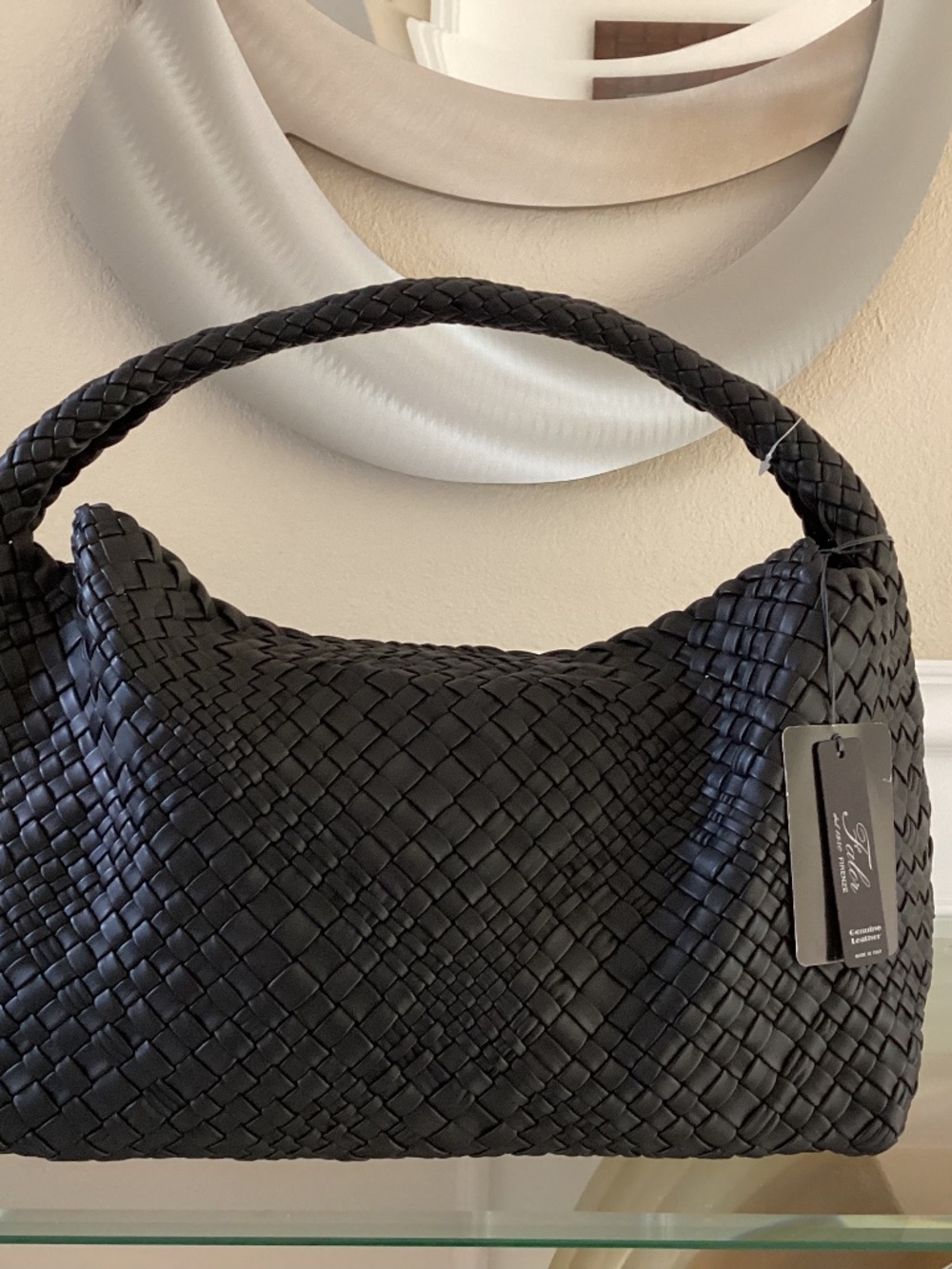 Falor Italy Handmade Black Woven Leather Large Shoulder Hobo Bag Magnetic Close - Picture 11 of 16
